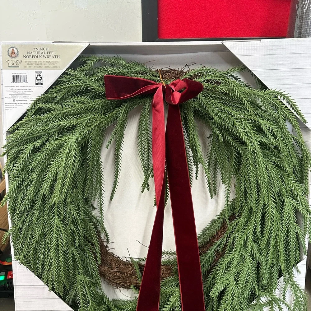 My Texas House Green Norfolk Wreath with Burgundy Bow